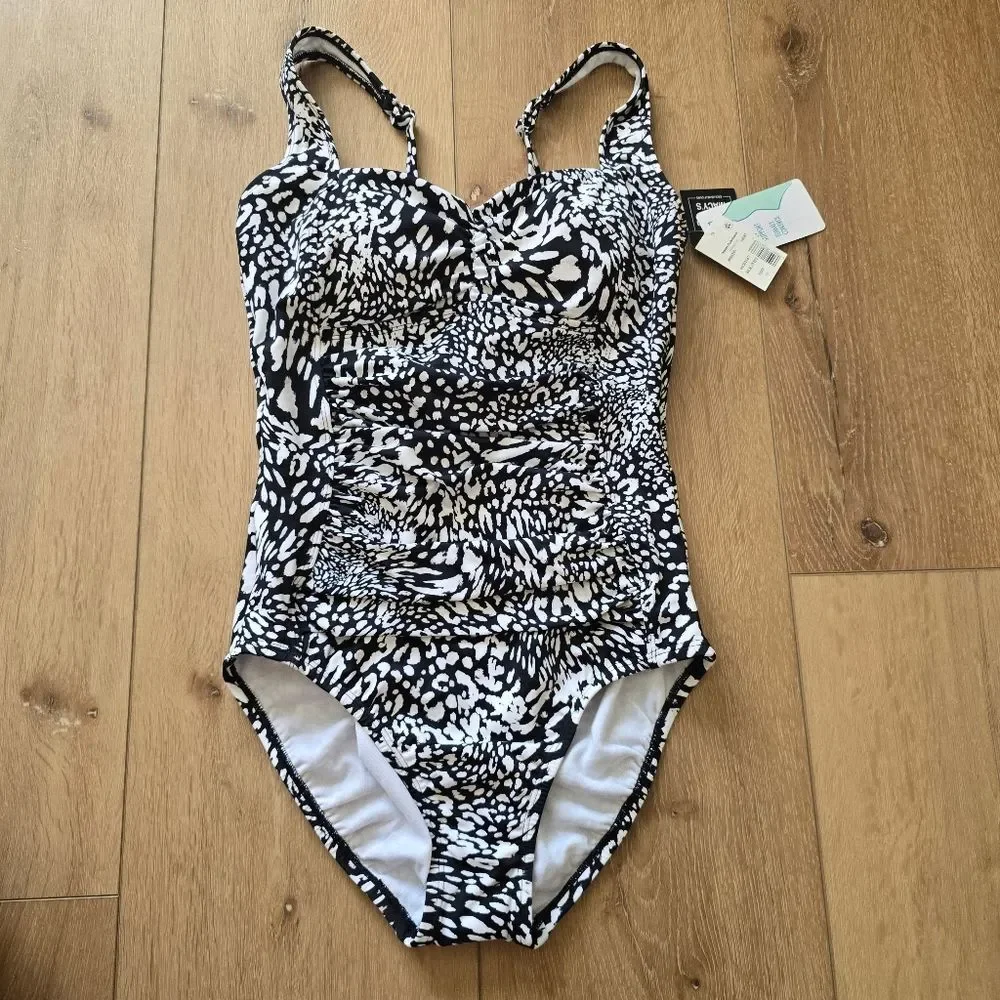 Swim Solutions Monochrome One Piece Swimsuit Women's Printed Ruched Front - Picture 2 of 9